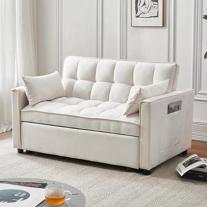 Futon Sofa BedModern 3 in 1 Convertible Sleeper Sofa Pull Out Couch Bed with Adjustable Backrest Storage Pockets and Toss Pillows for Living Room Bedroom (Beige)
