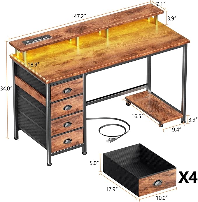 Furologee Computer Desk with Power Outlets &amp Monitor Stand 47 Inch Reversible Gaming Desk with LED Lights &amp 4 Fabric Drawers Writing Work Table for Home Office Bedroom Rustic Brown