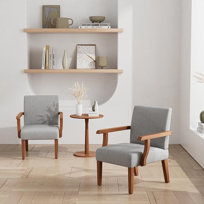 Accent Chairs Set of 2 with Round Side Table Soft Fabric Upholstered Armchair Wooden Frame Mid Century Modern Wide Accent Chair Corner Chair for Living Room Bedroom Office (Light Grey)