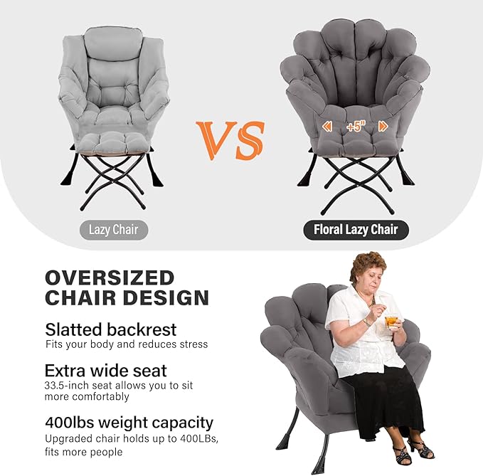 Lazy Chair with Ottoman Modern Floral Reading Chair with Folding Footrest Dark Grey Accent Chairs Comfortable Oversized Armchairs for Bedroom Living Room Courtyard