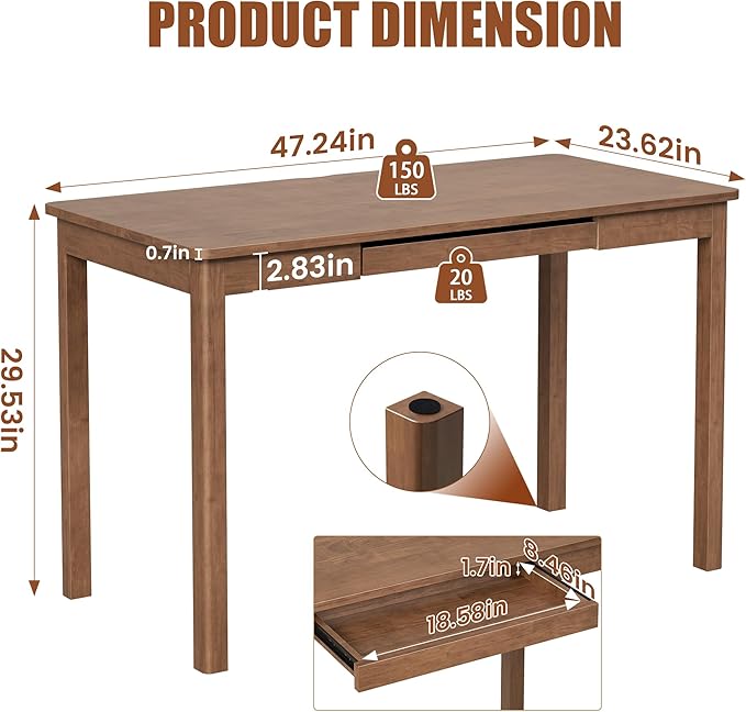 Solid Wood Desk with Keyboard Tray - 48 Inch Mid Century Modern Writing Desk Computer Desks with Keyboard Tray Simple Study Table Home Office Desks for Bedroom|Small Spaces-Walnut Color