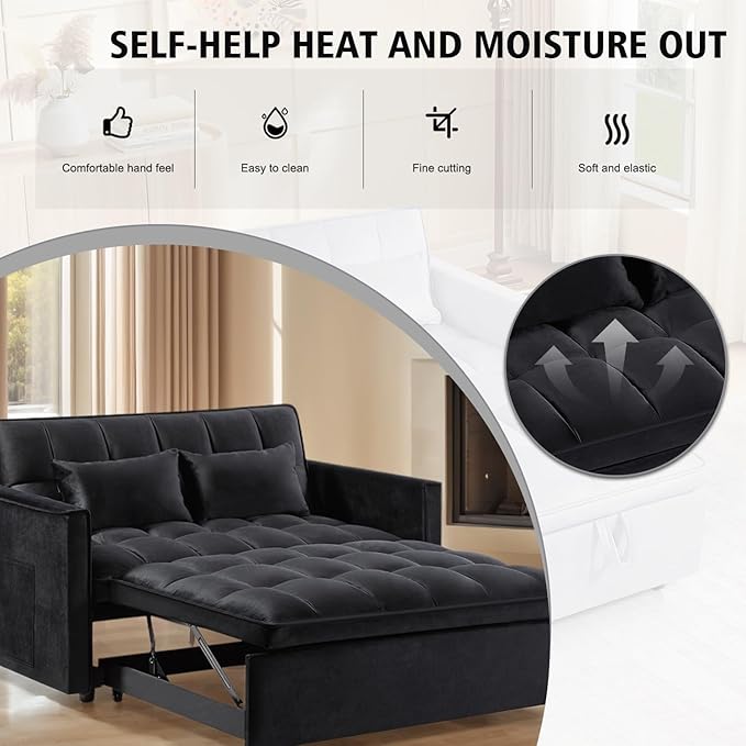 55 Convertible Full Size Sofa Bed 3 in 1 Velvet Sleeper Sofa with Pull-Out Bed Futon Couch with Adjustable Backrest and Side PocketModern Loveseat for Small SpacesLiving Room (Black)