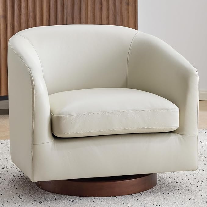 AEDI Genuine Leather Swivel Accent Chair Barrel Chair for Living Room Soft Greige