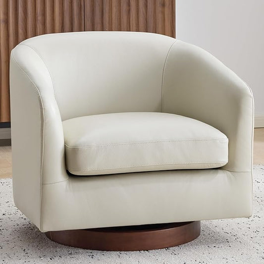 AEDI Genuine Leather Swivel Accent Chair Barrel Chair for Living Room Soft Greige