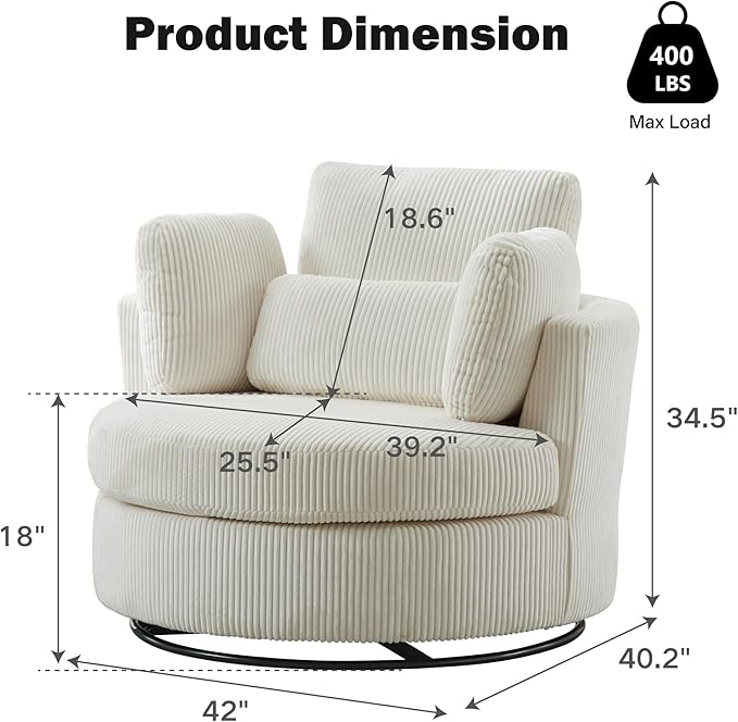 Chifee &amp Vingol 42 Oversized Swivel Accent Chair Round Barrel ChairCorduroyIvory