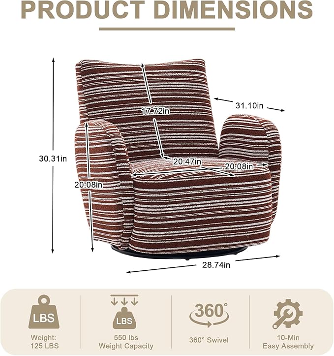 360° Swivel Accent Chair with Armrest Modern Striped Upholstered Lounge Chair Stable Round Base &amp Sturdy Metal Frame Armchair for Bedroom Living Room Office &amp Vanity (Oxblood)