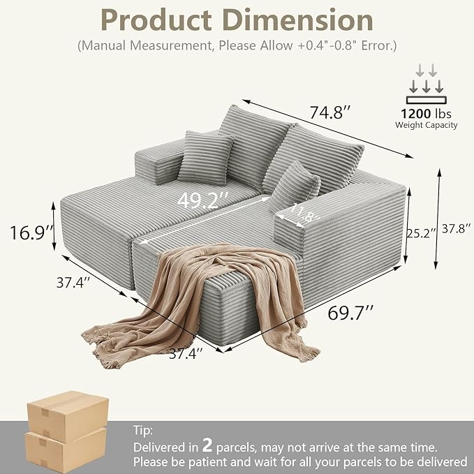 74.8 Oversized Double Chaise Lounge Indoor Upholstered Deep Seat Cloud Couch Corduroy Lounge Chair Modern Sofa Bed Loveseat Sleeper Chair for Living Room Bedroom Apartment Light Grey