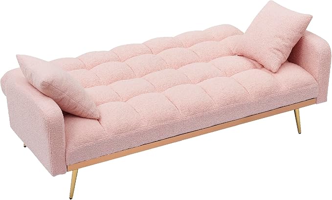 KEIKI 69 Folding Futon Sofa Couch w/Adjustable Backrest Mid Century Modern Loveseat Convertible to Sleeper Bed Small Comfy Teddy Cloud Couch SofaBed for Living Room &amp Bedroom 2 Pillows Pink