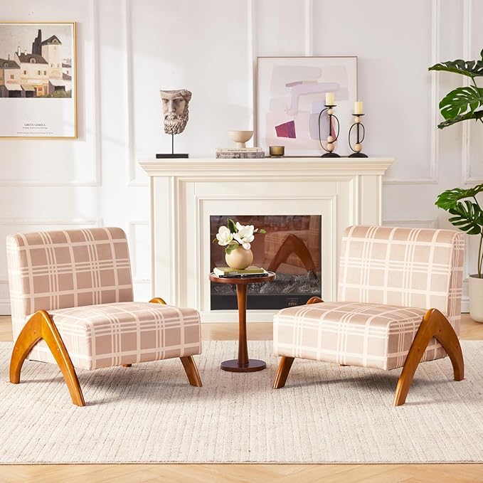 Oversized Accent Chair upholstered armless mid Century Modern Living Room Chair with Wooden Legs for Bedroom/Office/Cafe Plaid Camel