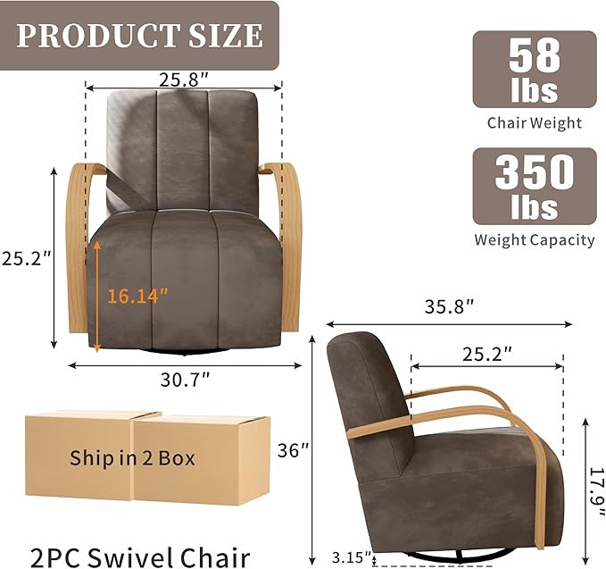 Chifee &amp Vingol 360° Swivel Accent Chair 30.3 W Velvet Swivel Living Room Chair with Solid Wood Armrests Mid Century Modern Reading ChairSet of 2Charcoal