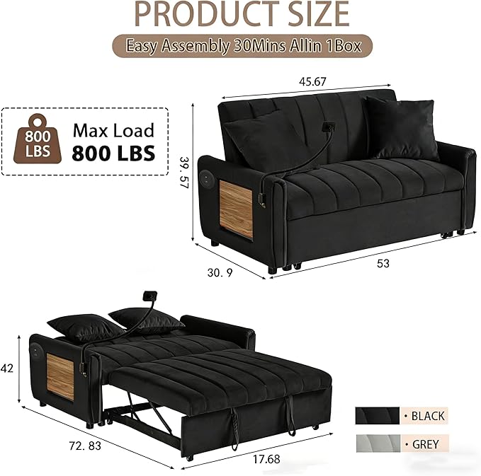 3-in-1 Convertible Sleeper Sofa with Integrated USB &amp Type-C Charging Station Modern Pull-Out Bed Loveseat for Living Room Comfy Fabric with Side Pocket Easy Assembly(Black) | Phone Stand USB