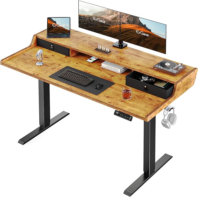 ErGear Electric Standing Desk with Drawers 48″ x 24″ Gaming Table Compatible Monitor Stand Stand up Desks Home Office Height-Adjustable Desk with Storage Shelf 4 Preset Heights Vintage Brown