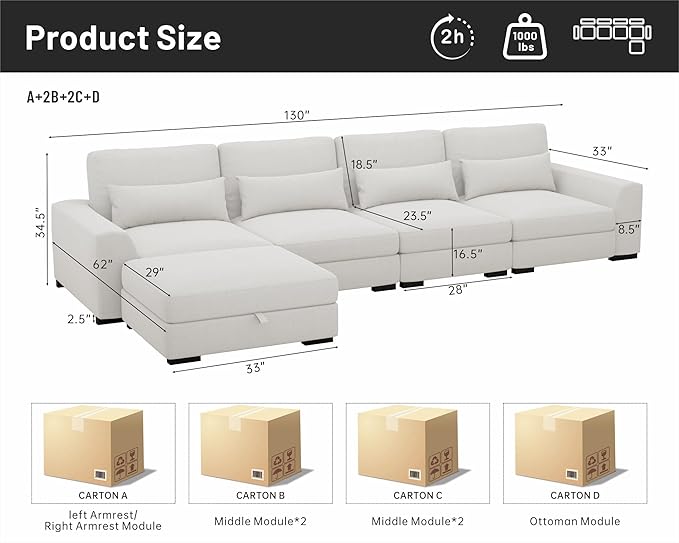 130Sectional Couches for Living Room - Large Modular 5 Seat Sectional Couch-Velvet Linen with Storage Deep Seat Sofa-Convertible Sofa for Large Living Rooms-with ChaiseWashable Covers-Beige
