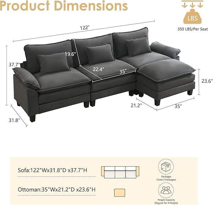 URRED Cloud Couch Modular Sectional Sofa 122'' Modern L Shaped Deep Seat Sofa with Ottoman &amp Pillows Ultra Comfy Velvet Couches for Living Room Bedroom or Apartment Dark Gray