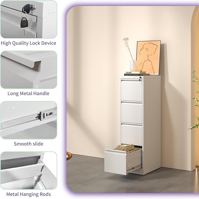 5 Drawer Small File Cabinet with Lock Under Desk Storage Cabinet Organizer Vertical Filing Cabinets for Home Office Steel Drawer Cabinet for A4 Legal Letter Size DocumentsWhite