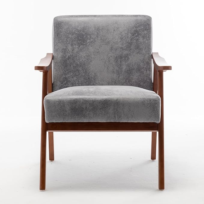 Mid Century Modern Accent Chair with Solid Wood Frame Fabric Microfiber Upholstered Armchair for Bedroom Reading Room Living Room and Lounge Grey