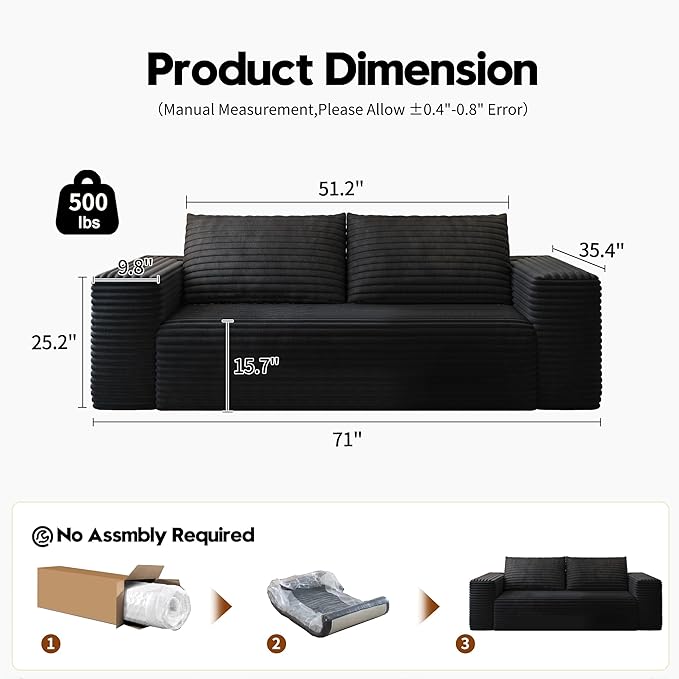 Modern Loveseat SofaModular Couch with Deep Seat Memory FoamComfy Small Cloud Couch for Small SpacesNo Assembly Required Sofa for Living RoomEfficient HomeBedroomOffice Apartment（71inchBlack）