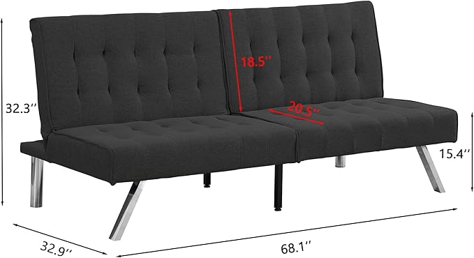 Sofa Adjustable Couch Sleeper Sofa Bed for Living RoomLoveseat Upholstered Modern Convertible FutonFaux Linen Black