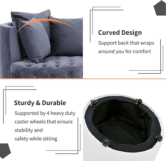 GNIXUU Swivel Barrel Accent Chair 30” Modern Velvet Round Sofa Chair with 3 Pillows and Wheels Comfy Tufted Club Lounge Chair for Living Room Bedroom(Blue Gray).