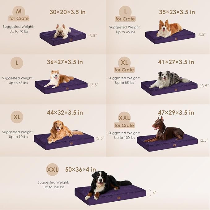 EHEYCIGA Orthopedic XL Dog Beds for Extra Large Dogs with Removable Washable Cover for Crate Purple 41x27