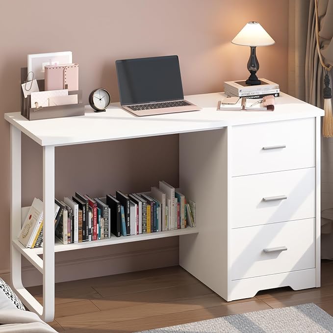 White Desk with Drawers 47 Inch Computer Desk with 3 Drawers for Bedroom Study Desk with Drawers for Small Spaces Bottom Shelves