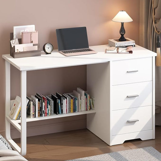 White Desk with Drawers 47 Inch Computer Desk with 3 Drawers for Bedroom Study Desk with Drawers for Small Spaces Bottom Shelves