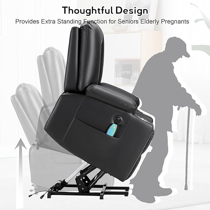 Bonzy Home Power Lift Chair with Heat and Massage Faux Leather Lift Recliner Chair for Adults Elderly Upholstered Recliner with 2 Cup Holders Side Pocket USB and Type-c Port Black