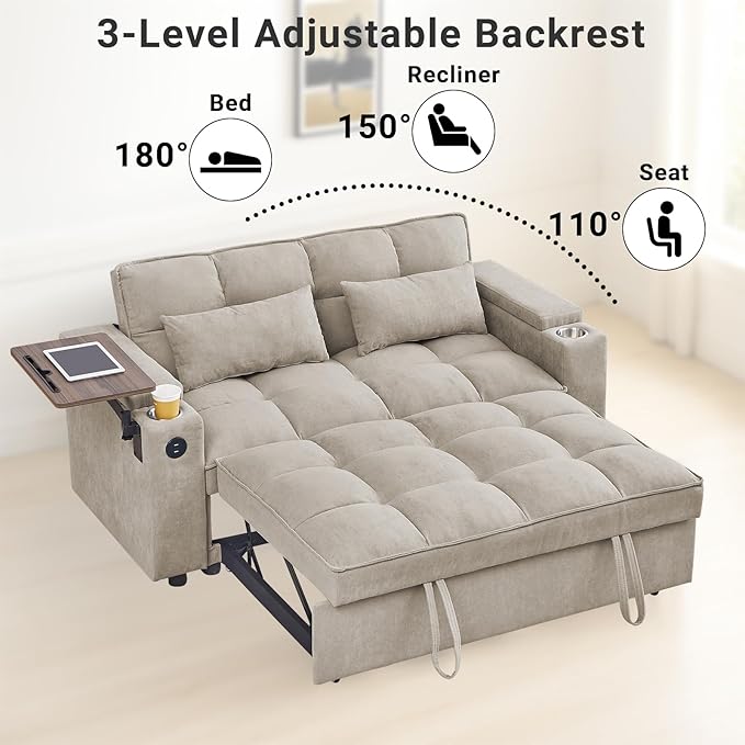 3 in 1 Sofa Bed 65 Inches Convertible Loveseat Sleeper with Side Table Pull Out Couch with 3 Level Adjustable Backrest Chaise Lounge with USB and Type-C Ports for Living Room Khaki