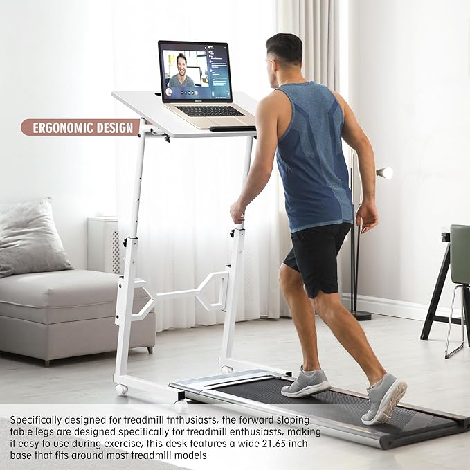 Small Standing Desk with Wheels Portable Treadmill Desk Rolling Desk Adjustable Height for Laptop Mobile Standing Table for Walking Pad Bedside Table
