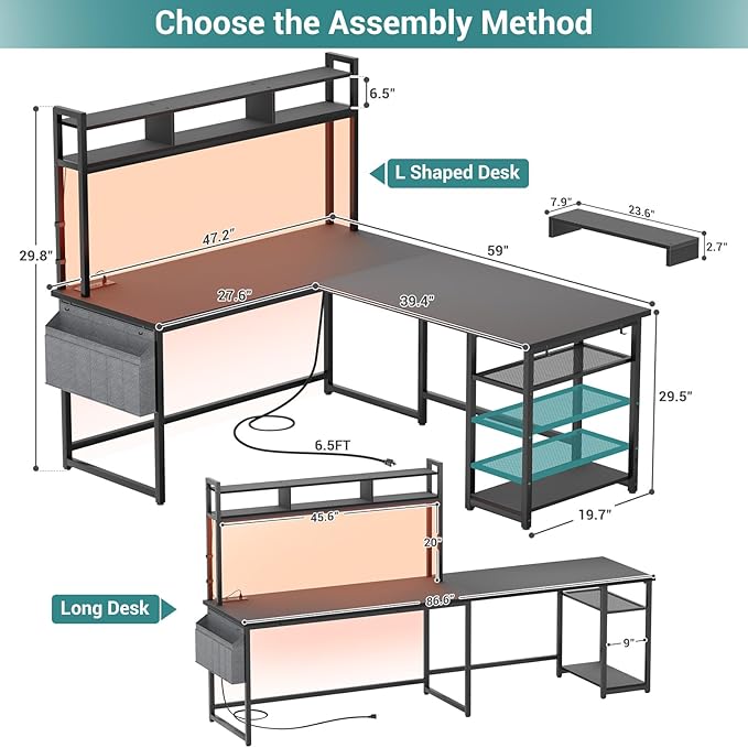 Aheaplus L Shaped Gaming Desk 59 Reversible Gaming Desk with Power Outlet and Led Lights L Shaped Computer Desk with Storage Shelves &amp Monitor Stand Home Office Desk L Shaped Corner Desk Blac