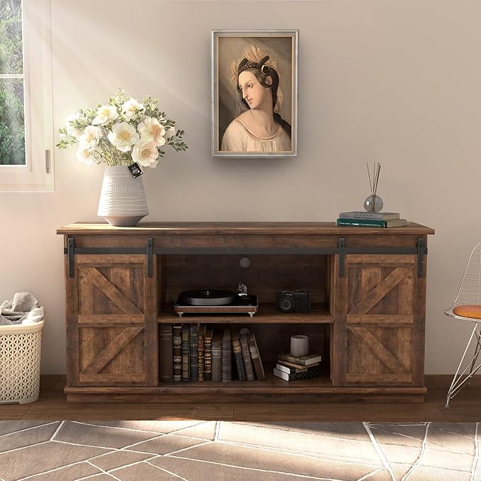 JUMMICO TV Stand for 65 Inch TV Entertainment Center with Storage Cabinets and Sliding Barn Doors Mid Century Modern Media TV Console Table for Living Room Bedroom (Rustic Oak)