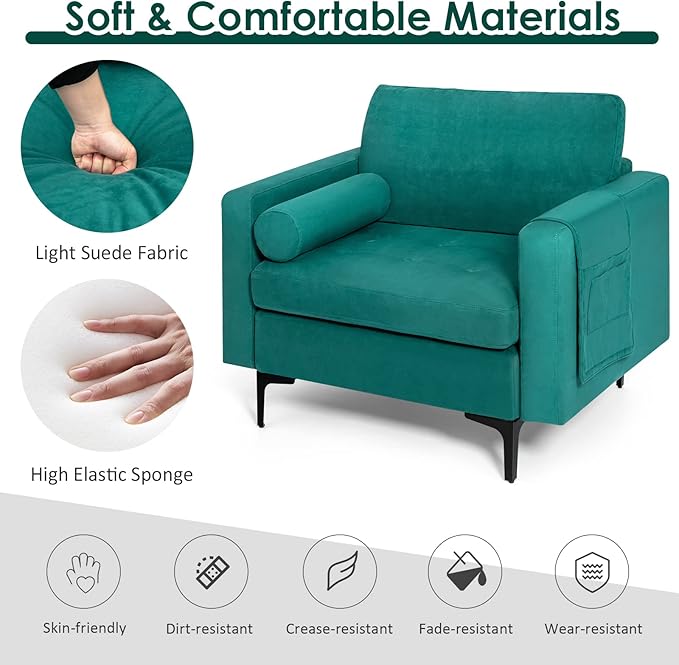 Giantex Single Sofa Accent Chair Armchair w/Comfy Cushion Bolster Armrest Magazine Caddy Pockets Living Room Upholstered Leisure Chair for Bedroom Reception Room Blue
