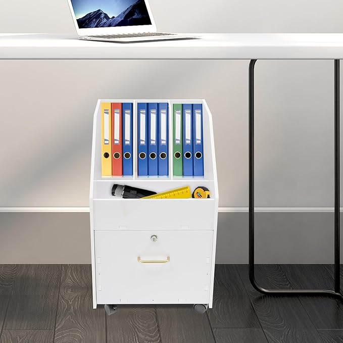 DouSeiAi Mobile PVC File Cabinet with Lock Under Desk Rolling File Cabinets for Home Office Classrooms (White)