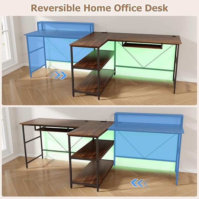 Giantex 94.5” 2 Person Desk with LED Lights Long PC Study Desk with Storage Shelves Power Outlets Keyboard Tray &amp Monitor Stand Double Computer Desk Workstation for Home Office (Rustic Brown)