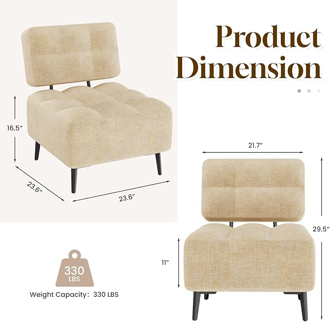 EROMMY Accent Chair Armless Mid Century Modern Chair with Thick Cushion &amp Metal Legs Polyester Leisure Chair Comfy Side Corner Chairs for Living Room Bedroom Study Room Entryway (Yellow)