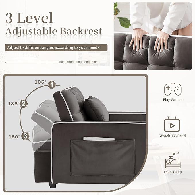 JEEOEHY 3 in 1 Convertible Sleeper Sofa BedVelvet Pull Out Couch Bed w USB&ampType C PortComfy Futon Loveseat with Adjustable Backrest&ampPhone Holder for Living Room Apartment Small Space(Brown)