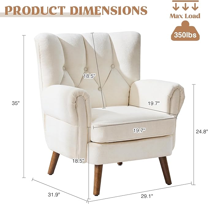 Chenille Wingback Accent Chairs Set of 2 Mid-Century Modern Living Room Armchair with Removable Cushions High Wingback Reading Chair Upholstered Comfy Chair for Living Room BedroomBeige