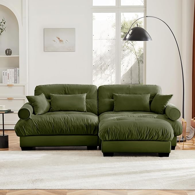 Velvet Modular Sectional Sofa2-Seater Cloud Couch with OttomanPillows and High Density Memory Foam for Living Room Home TheaterApartment（Olive-Green）