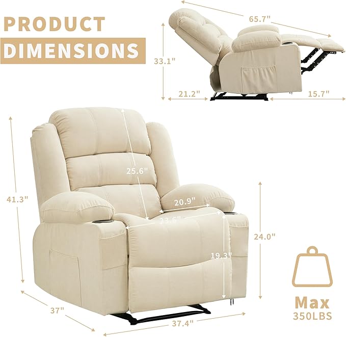 Large Recliner Chair for Adults Manual Pull Tab Reclining Chair with Cup Holders 3-Position Recliner Sofa for Living Room Overstuffed Single Sofa Chair Supports 350 Lbs