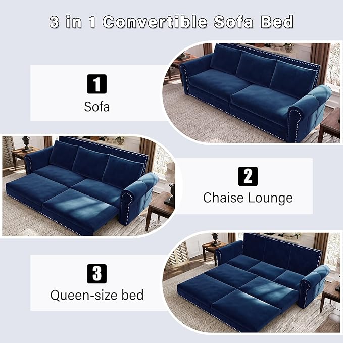 93.7 King Pull Out Sofa Bed Velvet Sleeper Sofa Couch 3 in 1 Convertible Futon Couches for Living Room Small Space Apartment Office Bedroom Modern Rivet Armrest Blue