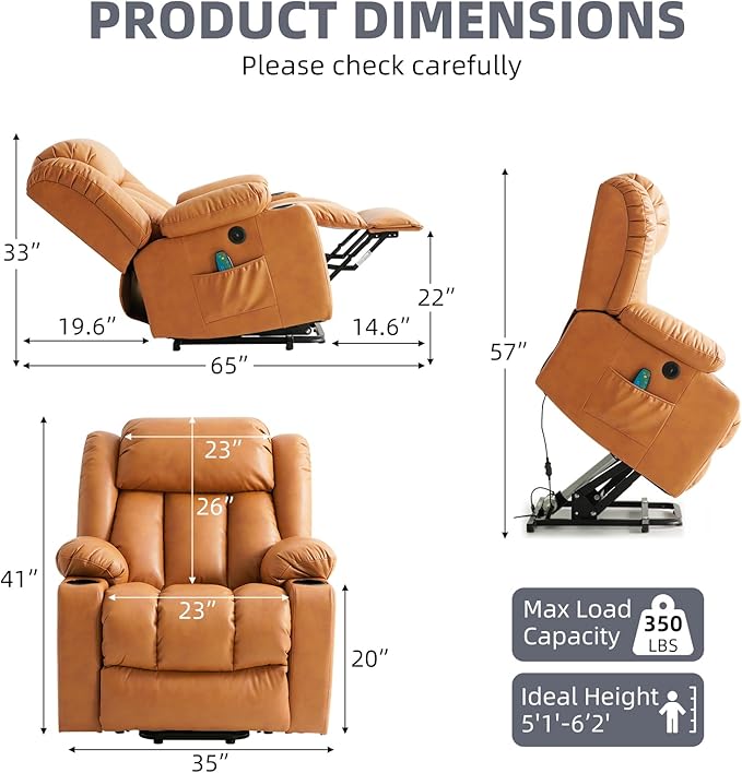 Power Lift Recliner Chair for Elderly Electric Recliner Chairs for Adults with Massage and Heat Cup Holders Remote Control USB Ports Side Pockets Leather (Golden Orange)