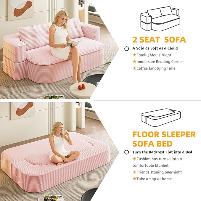 78.7 Convertible Sleeper Sofa Bed with 2 Soft Pillows 2-in-1 Fold Out Couch Upholstered in Luxurious Plush Corduroy Fabric Deep Seat Couch for Living Room Bedroom Guest Room Pink
