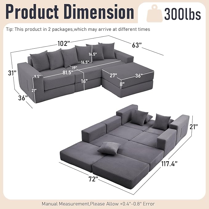 102 Upgraded L-shaped Modular Sectional Couches for Living Room Convertible Oversized Sleeper Sofa Bed-Luxury 1.5 Queen Bed. 11-in-1 Multifunctional Corduroy Boneless Folding Futon Couch Grey.