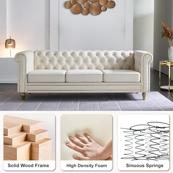 Homtique 84 Modern Sofa Couch for Living Room 3 Seater Couch Comfy Velvet Sofa Button Tufted Rolled Arms and Gold Legs Chesterfield for Home Studio/Office Bedroom Beige
