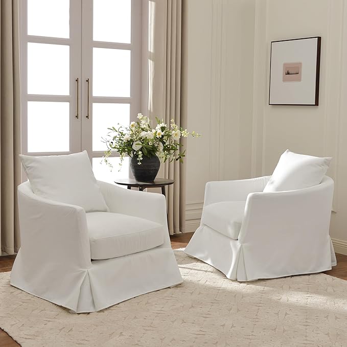 KINWELL 32 Wide Upholstered Down Fill Slipcovered Swivel Barrel Armchair Set of 2 Modern Comfy Swivel Accent Chair with Pillow Back for Living Room Bedroom Fully Assembled (Pearl White)