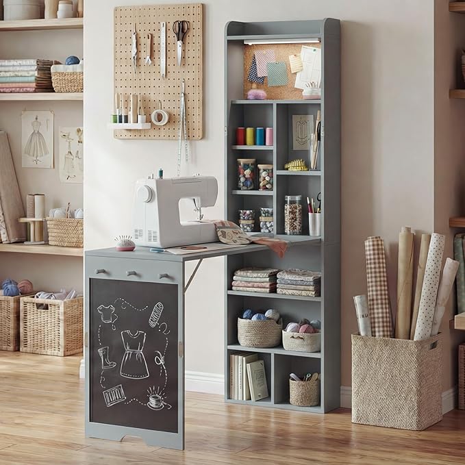 Wall Mounted Foldable Desk with LED and Corkboard Space-Saving Fold Out Convertible Writing Table with Shelves &amp Magnetic Blackboard Floating Murphy Desk Workstation for Home Office Dorm (Gray)