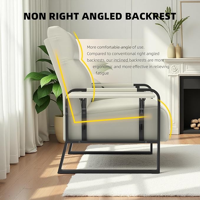 Faux Leather Accent Chair with Flip Up Tray Table Soft Backrest Side Pocket for Living Room Office Bedroom Leather Accent Chair Beige