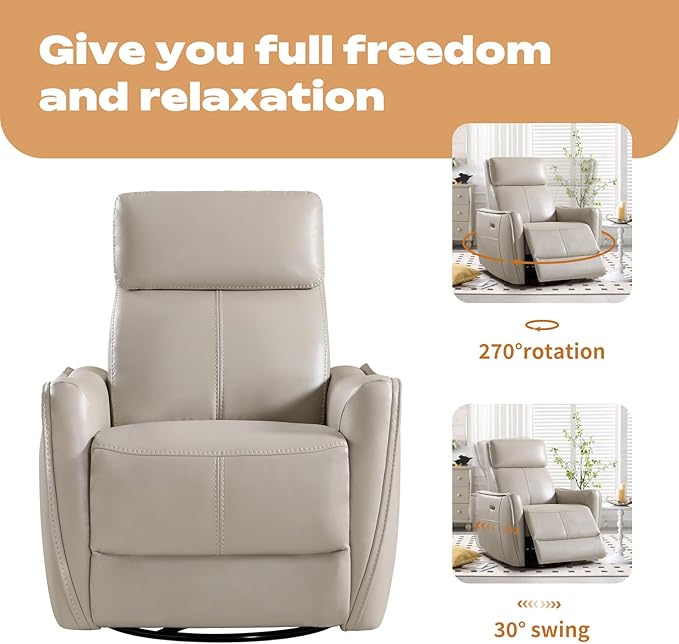 CANMOV Power Swivel Rocker Recliner Chair Electric Swivel Glider Rocker Recliner for Nursery Faux Leather Upholstered Rocking Reclining Chair with USB Port for Living RoomGrey
