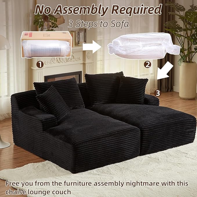 Oversized Double Chaise Lounge Chair IndoorWide Corduroy Boneless Chaise Lounges Sofa Comfy Upholstered Sectional Cloud Couch No Assembly Required Loveseat Sleeper Chair Bed for Living Room(Black)