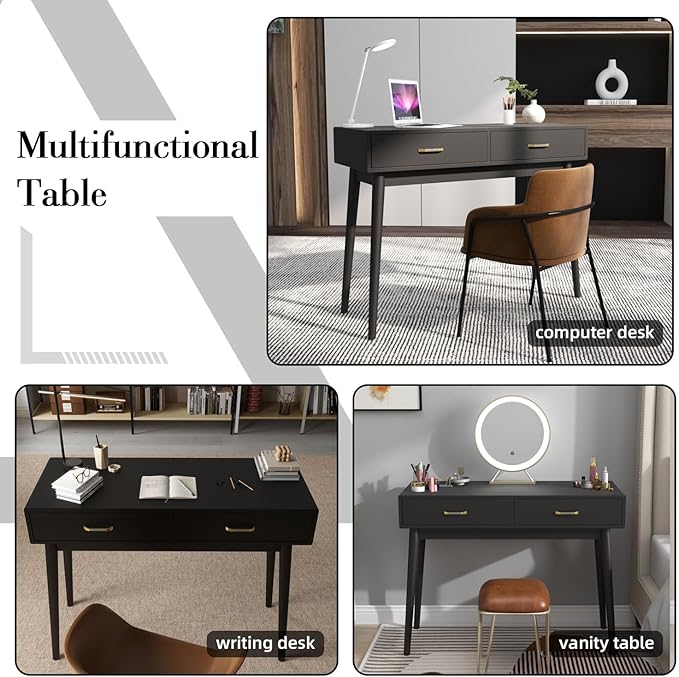 Small Black Desk with 2 Drawers Modern Writing Desk for Small Spaces Home Office Desk for Study Laptop Computer Desk for Work Makeup Vanity Table for Bedroom (Jet Black)